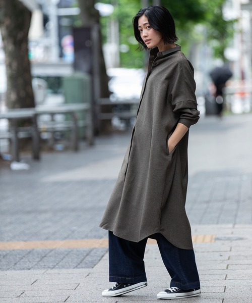 Munich（ミューニック）の「メランジツイルワイドシャツワンピース（シャツワンピース・レディース・ブラウン/ブラック/チャコールグレー・FREE）」の5枚目の写真