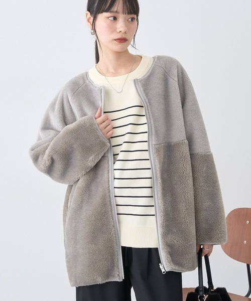 earth music&ecology（アースミュージックアンドエコロジー）の「【2WAY/2025AW】ノーカラーフェイクムートンコート（ムートンコート・レディース・カーキ/ピンクベージュ・FREE）」の2枚目の写真