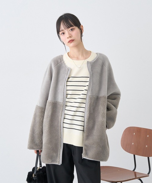 2WAY/2025AW】ノーカラーフェイクムートンコート（ムートンコート