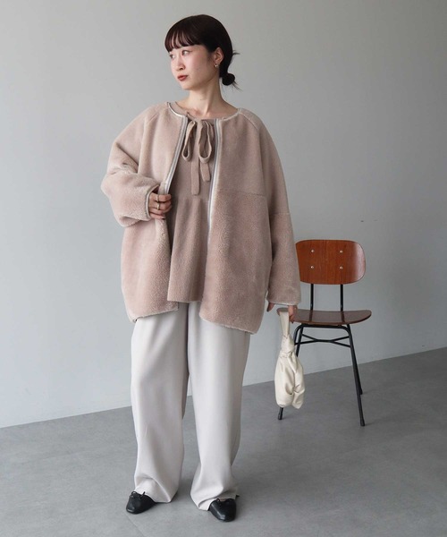 2WAY/2025AW】ノーカラーフェイクムートンコート（ムートンコート