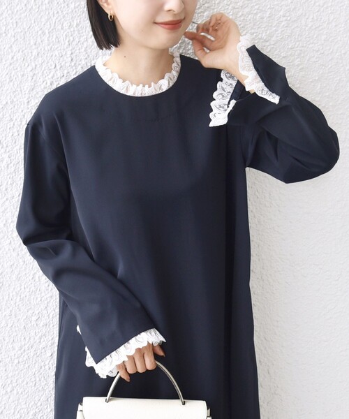troisiemeCHACO(トロワズィエムチャコ)の「【SHIPS別注】troisiemeCHACO:〈手洗い可能〉フリル レース ワンピース(セレモニー対応可)(ワンピース・レディース・ベージュ/ネイビー・ONE SIZE)」の13枚目の写真