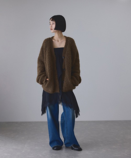 ADAM ET ROPE'（アダムエロペ）の「モヘヤウールニットカーディガンブルゾン（カーディガン/ボレロ・レディース・ブラウン/サックスブルー/オフホワイト・FREE）」の4枚目の写真