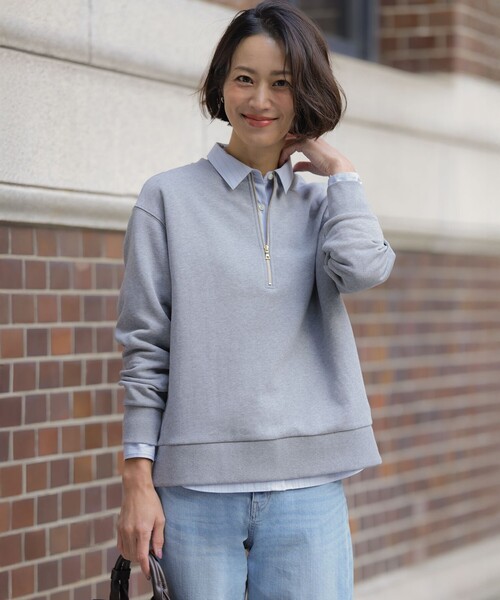 J.PRESS(ジェイプレス)の「裏毛 ハーフジップ プルオーバー(Tシャツ/カットソー・レディース・ライトグレー系/ホワイト系/ベージュ系・MEDIUM/LARGE)」の2枚目の写真