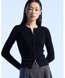 Dual Zip Ribbed knit Top (BLACK)