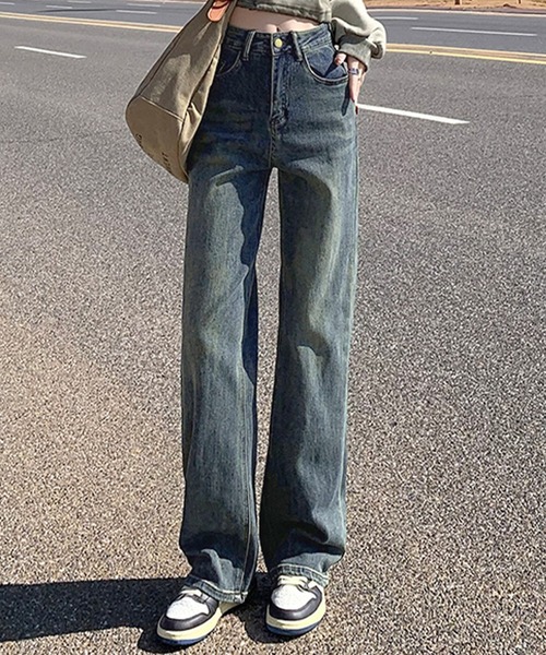 DAY CLOSET（デイ クローゼット）の「【大きいサイズ有/裏起毛】冬もあったか。ウォッシュ加工ストレートデニムパンツ レディース（デニムパンツ・レディース・ネイビー/ブルー・XL/2XL/S/M/L）」の2枚目の写真
