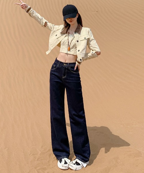 DAY CLOSET（デイ クローゼット）の「【大きいサイズ有/裏起毛】冬もあったか。ウォッシュ加工ストレートデニムパンツ レディース（デニムパンツ・レディース・ネイビー/ブルー・XL/2XL/S/M/L）」の6枚目の写真