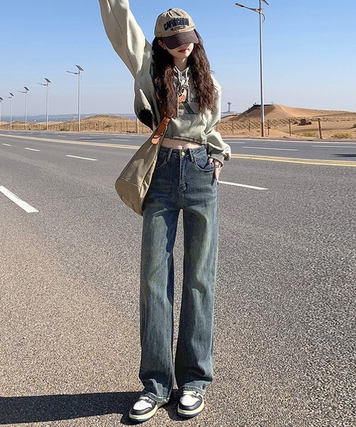 DAY CLOSET（デイ クローゼット）の「【大きいサイズ有/裏起毛】冬もあったか。ウォッシュ加工ストレートデニムパンツ レディース（デニムパンツ・レディース・ネイビー/ブルー・XL/2XL/S/M/L）」の20枚目の写真