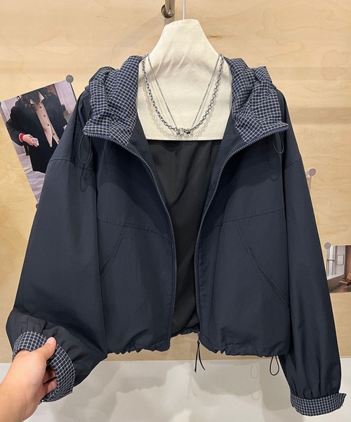 CANVAS+(キャンバスプラス)の「【CANVAS+】チェック切り替えマウンテンパーカーブルゾン(ブルゾン・レディース・カーキ/ネイビー/アイボリー/キャメル・M)」の3枚目の写真