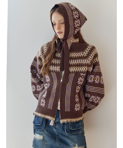 MAXZA(マージャコレクション)の「ノルディックパターンニットジップアップカーディガン&スカーフセット(カーディガン/ボレロ・レディース・ブラウン・FREE)」の3枚目の写真