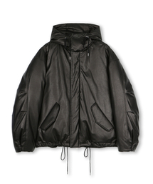 OVERSIZED M65 HOOD SHORT DOWN PARKA VEGAN LEATHER BLACK