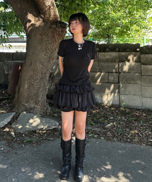 チュチュカンカン裏毛シャーリングティアードミニスカートパンツ_ブラック