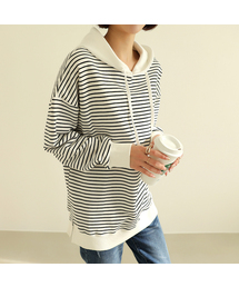 ストリングコントロールストライプフードTシャツ