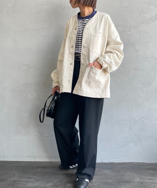 DANTON（ダントン）の「【WEB限定】[DANTON/ダントン] KATSURAGI Vネックノーカラーワークジャケット（ノーカラージャケット・レディース・アイボリー・40/38）」の2枚目の写真