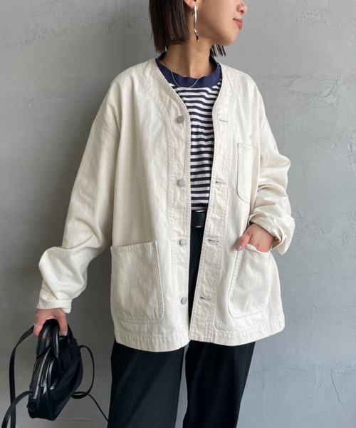 DANTON（ダントン）の「【WEB限定】[DANTON/ダントン] KATSURAGI Vネックノーカラーワークジャケット（ノーカラージャケット・レディース・アイボリー・40/38）」の5枚目の写真