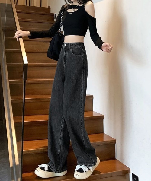 Teem Store（チームストア）の「ハイウエスト ワイドストレートデニムパンツ（デニムパンツ・レディース・チャコール/ブラック/ライトブルー・S/M/L）」の7枚目の写真