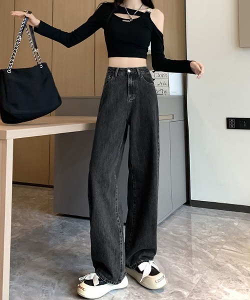 Teem Store（チームストア）の「ハイウエスト ワイドストレートデニムパンツ（デニムパンツ・レディース・チャコール/ブラック/ライトブルー・S/M/L）」の8枚目の写真