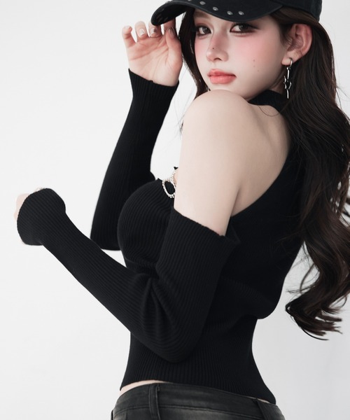 VEILA（ヴェイラ）の「チェーンデザイン アシンメトリーワンショルリブニット（ニット/セーター・レディース・ブラック/ホワイト・フリー）」の21枚目の写真