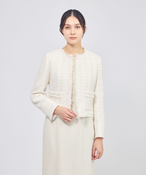 コットンファンシーツィード ノーカラージャケット（ノーカラー