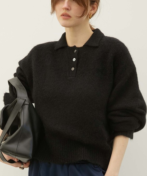 LA PEAU DE GEM（ラポドゥジェム）の「【LA PEAU DE GEM】foggy polo knit/フォギーポロニット（ポロシャツ・レディース・ブラック/ブラウン・FREE）」の2枚目の写真