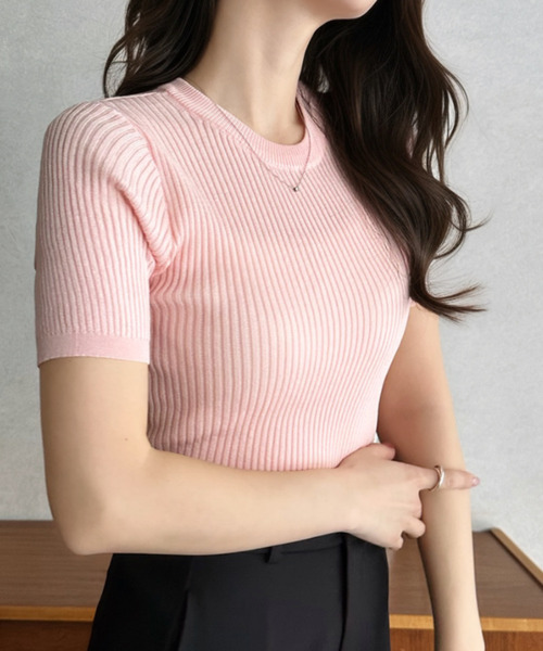 Eclat one(エクラワン)の「【Eclat one】タイト リブ 半袖 ニット(ニット/セーター・レディース・ベージュ/イエロー/ブラック/ピンク/ホワイト・FREE)」の19枚目の写真