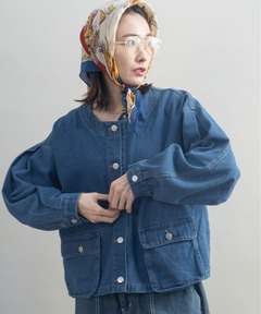 大きいサイズ】つけ襟+ノーカラーデニムジャケット（ノーカラー