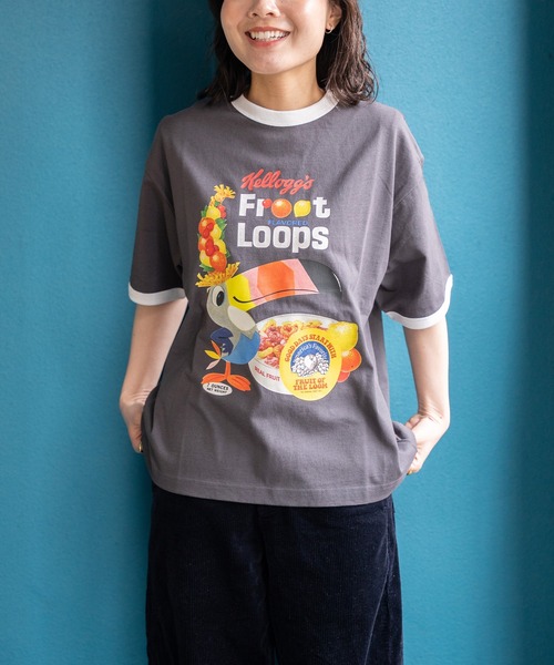 FRUIT OF THE LOOM(フルーツオブザルーム)の「FTL x KELLOGGS RINGER T-SHIRT4 / ケロッグ コラボ 半袖リンガーTシャツ フルーツループデザイン(Tシャツ/カットソー・メンズ・チャコールグレー・S/L/M)」の1枚目の写真
