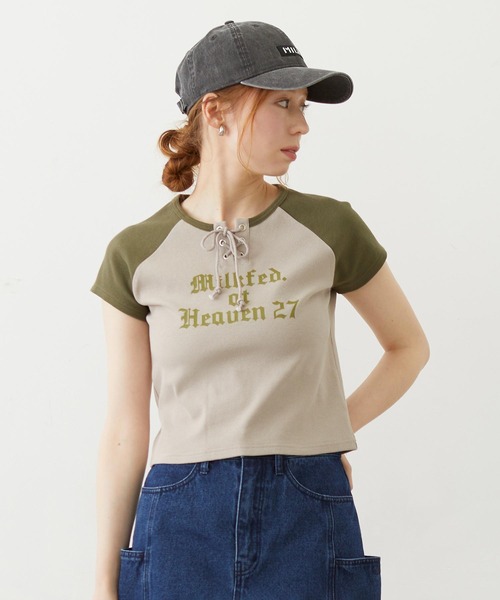 MILKFED.(ミルクフェド)の「MILKFED. AT HEAVEN27 LACE UP B/B TEE(Tシャツ/カットソー・レディース・ベージュ/ホワイト/ライトブルー・ONE SIZE)」の2枚目の写真