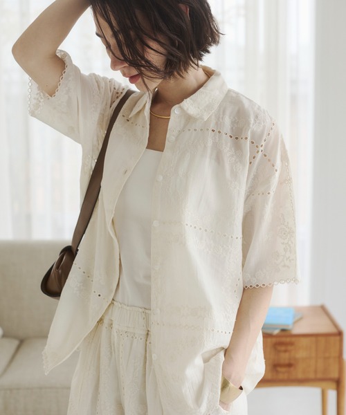 接触冷感 / セットアップ対応】パッチワーク 刺繍 シャツ / 夏服