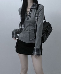 Emilie（エミリー）の「レース編みチェック配色シャツカットソー（Tシャツ/カットソー）」