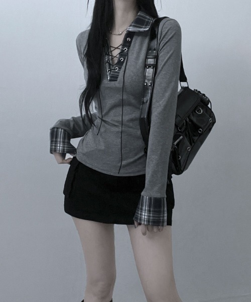 Emilie(エミリー)の「レース編みチェック配色シャツカットソー(Tシャツ/カットソー・レディース・ホワイト/ブラック/グレー・FREE)」の3枚目の写真