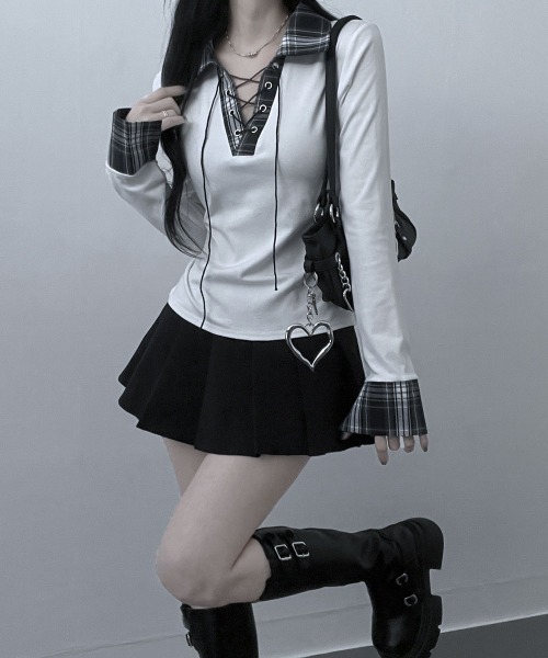 Emilie(エミリー)の「レース編みチェック配色シャツカットソー(Tシャツ/カットソー・レディース・ホワイト/ブラック/グレー・FREE)」の2枚目の写真