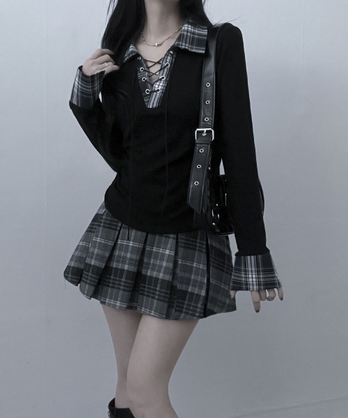 Emilie(エミリー)の「レース編みチェック配色シャツカットソー(Tシャツ/カットソー・レディース・ホワイト/ブラック/グレー・FREE)」の1枚目の写真