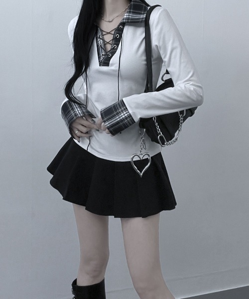 Emilie(エミリー)の「レース編みチェック配色シャツカットソー(Tシャツ/カットソー・レディース・ホワイト/ブラック/グレー・FREE)」の6枚目の写真