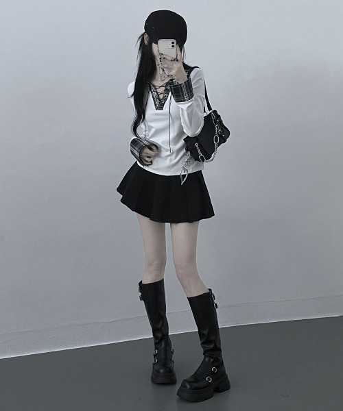 Emilie(エミリー)の「レース編みチェック配色シャツカットソー(Tシャツ/カットソー・レディース・ホワイト/ブラック/グレー・FREE)」の9枚目の写真