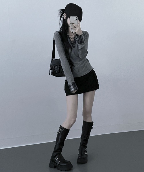 Emilie(エミリー)の「レース編みチェック配色シャツカットソー(Tシャツ/カットソー・レディース・ホワイト/ブラック/グレー・FREE)」の21枚目の写真