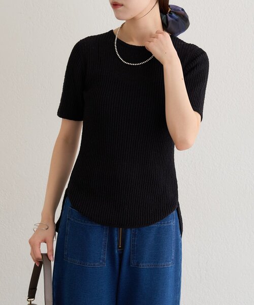 Omekashi（オメカシ）の「半袖シアーニットリブプルオーバー（ニット/セーター・レディース・ブラウン/オフホワイト/ブラック・FREE）」の22枚目の写真