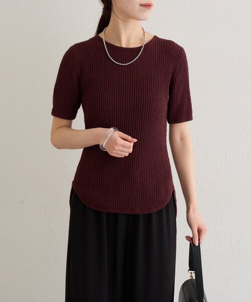 Omekashi（オメカシ）の「半袖シアーニットリブプルオーバー（ニット/セーター・レディース・ブラウン/オフホワイト/ブラック・FREE）」の14枚目の写真