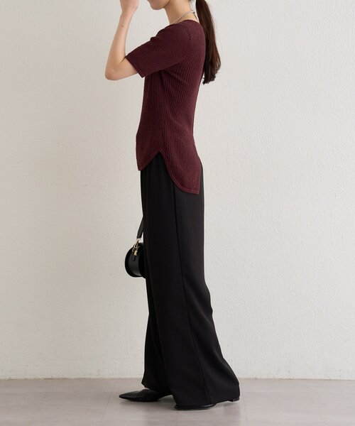 Omekashi（オメカシ）の「半袖シアーニットリブプルオーバー（ニット/セーター・レディース・ブラウン/オフホワイト/ブラック・FREE）」の4枚目の写真