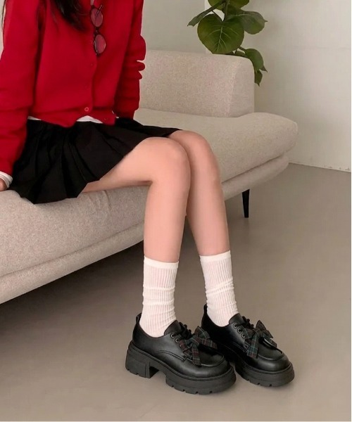 gossip!ロサンゼルス(ゴシップロサンゼルス)の「【JK★厚底】レトロ チェック柄 リボン ローファー オックスフォード シューズ Y2K(スニーカー・レディース・ダークブラウン/ブラック・XL/L/M/S)」の9枚目の写真