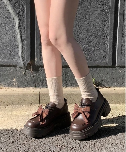 gossip!ロサンゼルス(ゴシップロサンゼルス)の「【JK★厚底】レトロ チェック柄 リボン ローファー オックスフォード シューズ Y2K(スニーカー・レディース・ダークブラウン/ブラック・XL/L/M/S)」の11枚目の写真