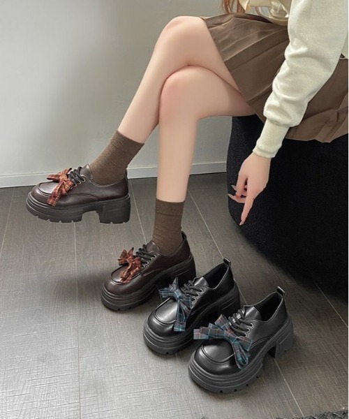 gossip!ロサンゼルス(ゴシップロサンゼルス)の「【JK★厚底】レトロ チェック柄 リボン ローファー オックスフォード シューズ Y2K(スニーカー・レディース・ダークブラウン/ブラック・XL/L/M/S)」の19枚目の写真