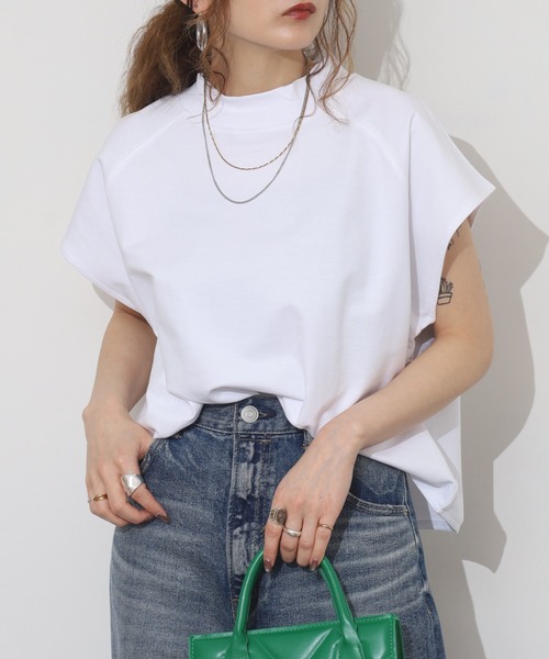 FUNALIVE(ファンアライブ)の「USAコットンミニ裏毛フレンチスリーブトップス(Tシャツ/カットソー・レディース・グレー/ブラック/ホワイト/ネイビー×ホワイト・F)」の5枚目の写真