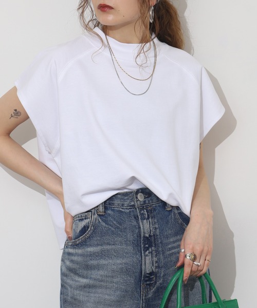 FUNALIVE(ファンアライブ)の「USAコットンミニ裏毛フレンチスリーブトップス(Tシャツ/カットソー・レディース・グレー/ブラック/ホワイト/ネイビー×ホワイト・F)」の6枚目の写真