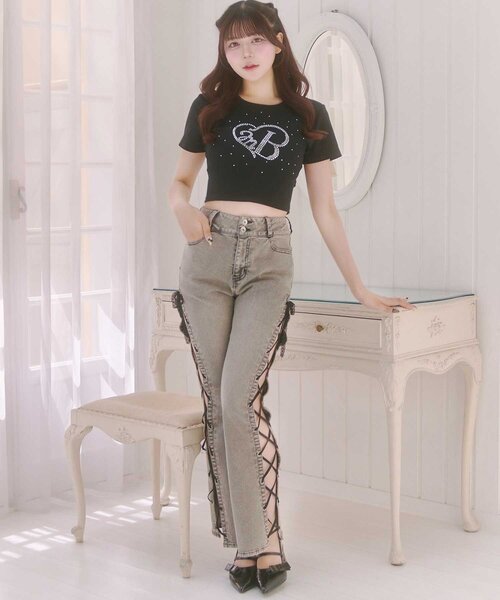 Belle Charme(ベルシャルム)の「【Belle Charme】Back Ribbon Glitter Logo Tee(Tシャツ/カットソー・レディース・オフホワイト/ピンク/ブラック・FREE)」の10枚目の写真