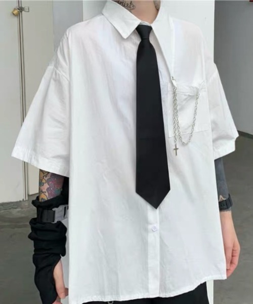 SHIBUYA Zy.(シブヤジー)の「Dark link tie チェーン付きネクタイシャツ(シャツ/ブラウス・メンズ・ホワイト/ブラック・XL/L/M)」の2枚目の写真