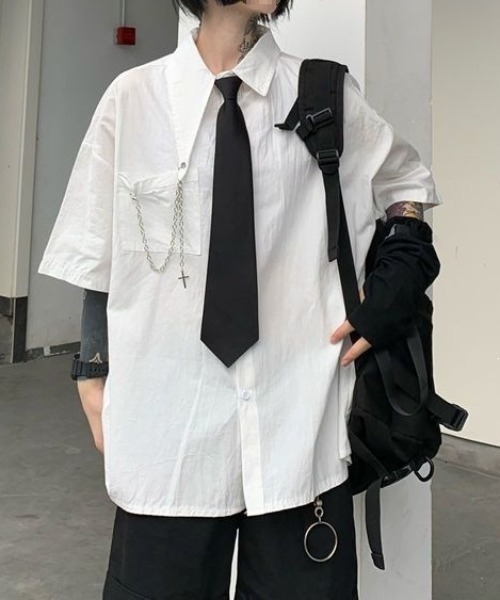 SHIBUYA Zy.(シブヤジー)の「Dark link tie チェーン付きネクタイシャツ(シャツ/ブラウス・メンズ・ホワイト/ブラック・XL/L/M)」の4枚目の写真