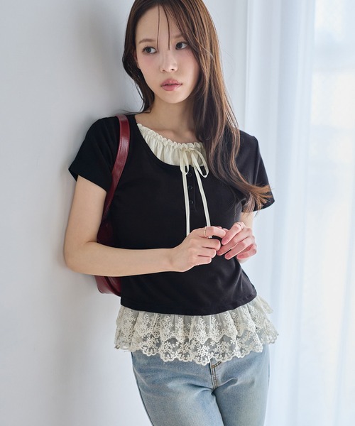CHAN ME(チャンミ)の「裾ティアードレースフリルレイヤード風半袖トップス(Tシャツ/カットソー・レディース・ブラック/アイボリー/ネイビー・MEDIUM/LARGE/X-LARGE)」の5枚目の写真