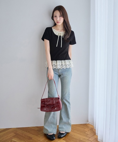 CHAN ME(チャンミ)の「裾ティアードレースフリルレイヤード風半袖トップス(Tシャツ/カットソー・レディース・ブラック/アイボリー/ネイビー・MEDIUM/LARGE/X-LARGE)」の6枚目の写真