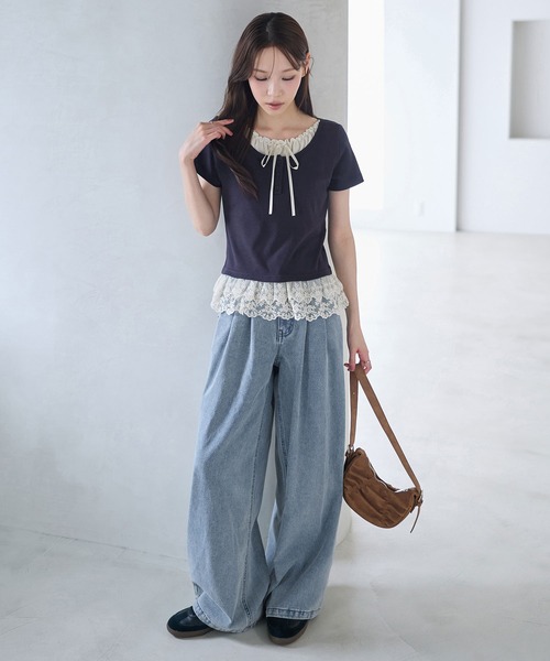 CHAN ME(チャンミ)の「裾ティアードレースフリルレイヤード風半袖トップス(Tシャツ/カットソー・レディース・ブラック/アイボリー/ネイビー・MEDIUM/LARGE/X-LARGE)」の14枚目の写真