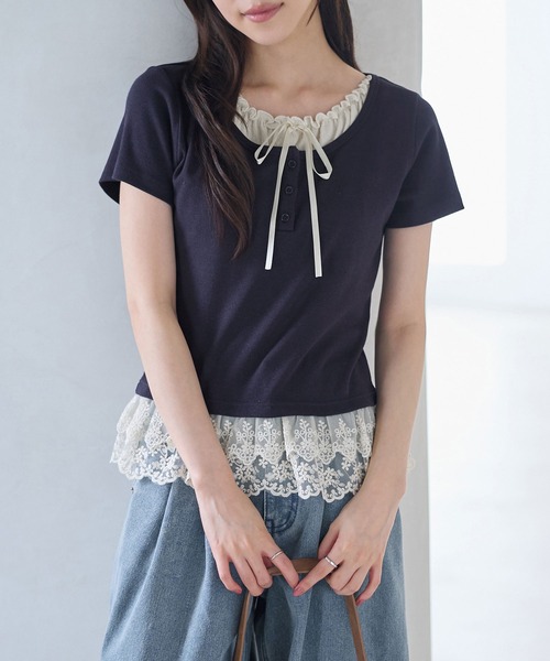CHAN ME(チャンミ)の「裾ティアードレースフリルレイヤード風半袖トップス(Tシャツ/カットソー・レディース・ブラック/アイボリー/ネイビー・MEDIUM/LARGE/X-LARGE)」の15枚目の写真